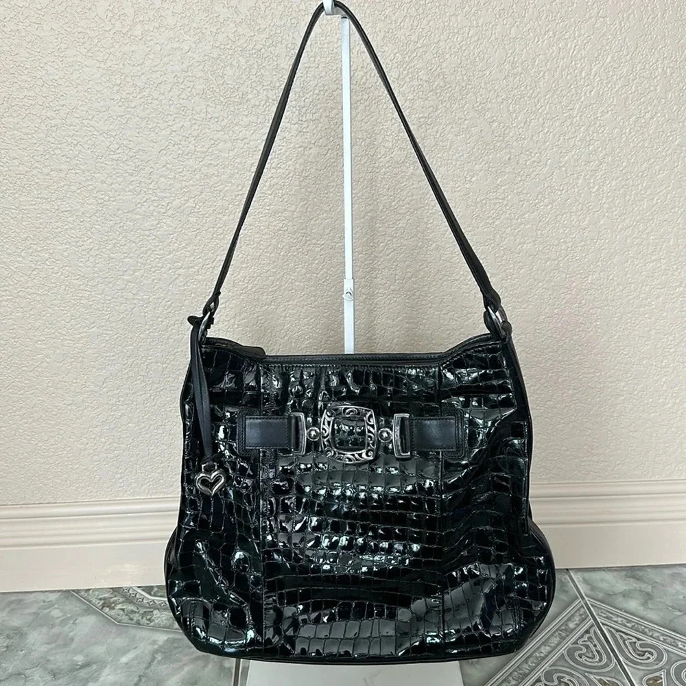 Vintage Brighton Black Croc Embossed Leather Hobo Purse Shoulder Bag D827559